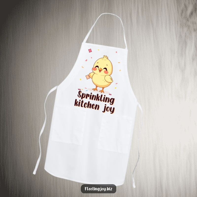 Funny Chick Confetti Apron illustration of a cheerful chick pecking at confetti, bringing party fun to the kitchen.