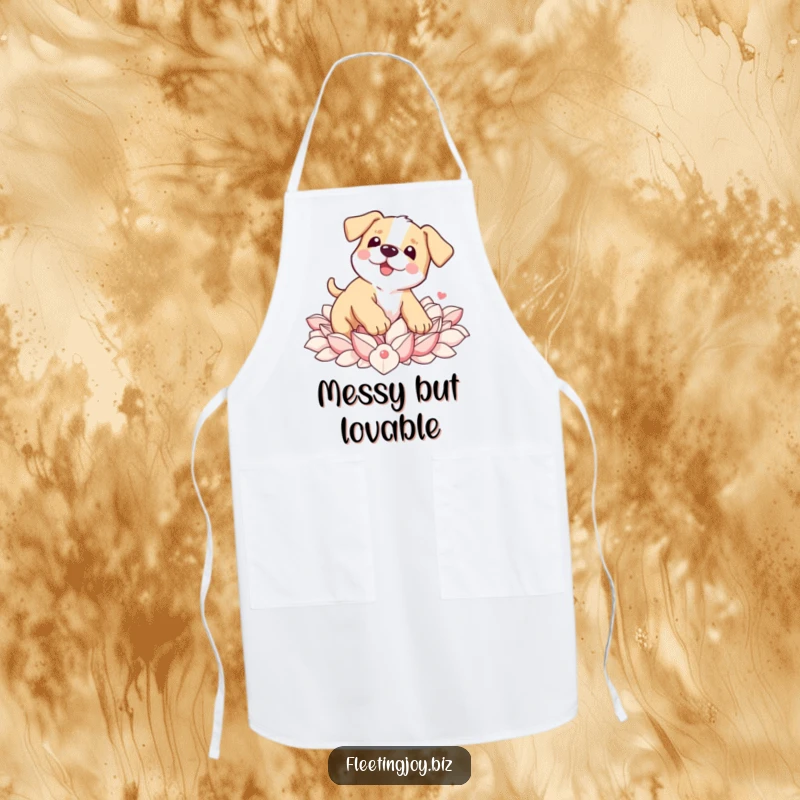 Funny Puppy Petal Apron illustration of a wobbly puppy tripping into petals, bringing cute clumsiness to the kitchen.