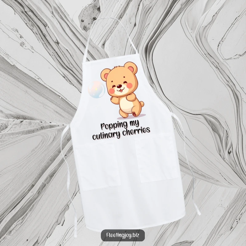 Funny Bear Cub Apron illustration of a tiny bear cub chasing a bubble, bringing whimsical fun to cooking and baking.