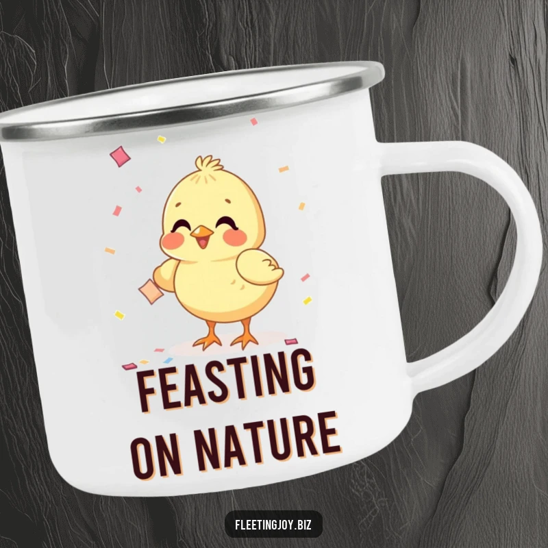 Funny Chick Confetti Camping Mug depicting a happy chick pecking at confetti, ideal for festive outdoor drinks.