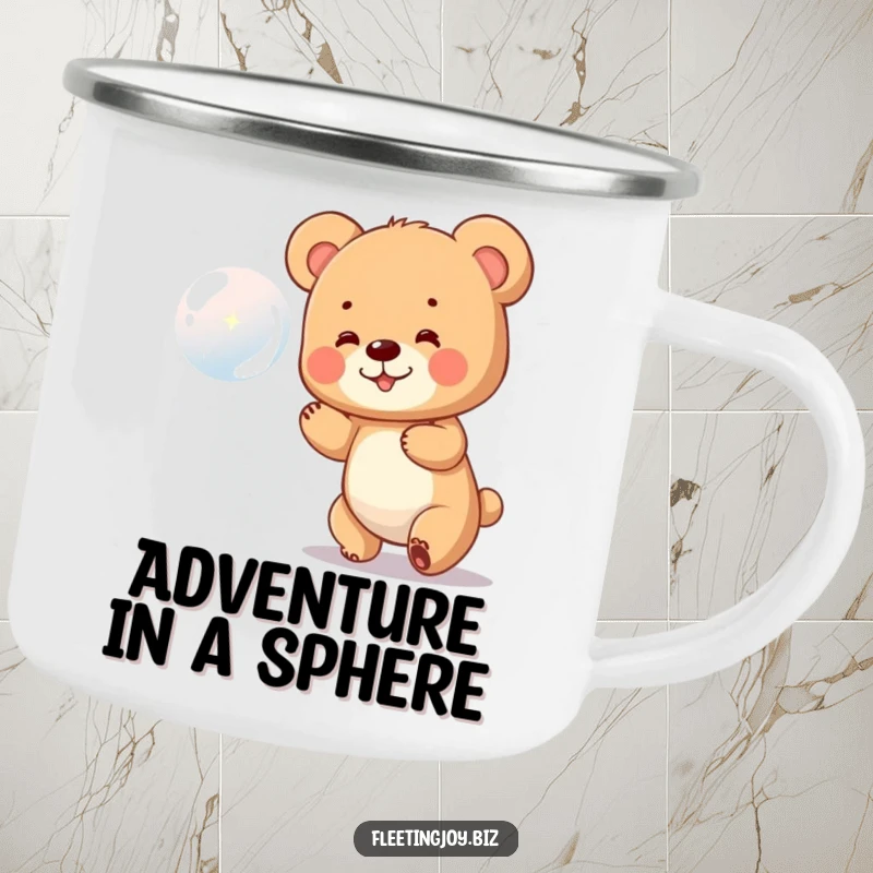 Funny Bear Cub Camping Mug depicting a tiny bear cub gleefully chasing a sparkling bubble, ideal for outdoor merriment.