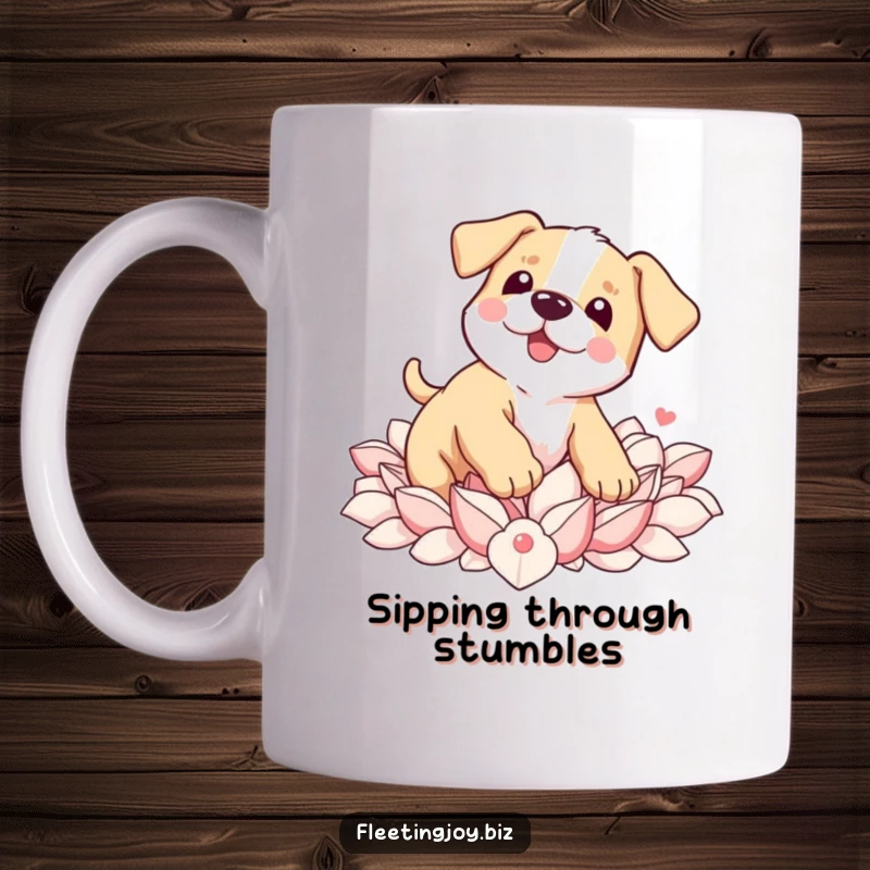 Funny Puppy Petal Pile Mug showing a wobbly puppy hilariously tripping but landing safely in soft petals, full of charm.