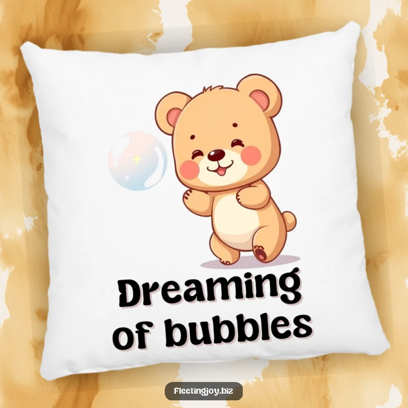 Funny Bear Cub Pillow showcasing a small bear cub delightfully pursuing a sparkling bubble, adding comfort and humor to any space.