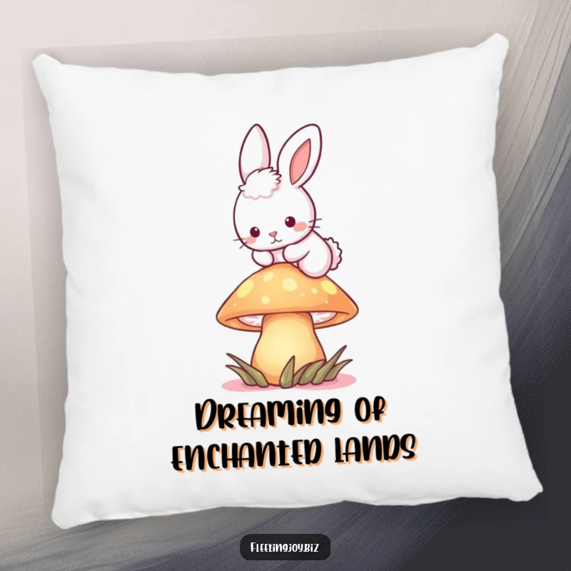 Funny Bunny Mushroom Pillow showing a fluffy bunny hopping over a glowing mushroom, adding magical comfort to any room.