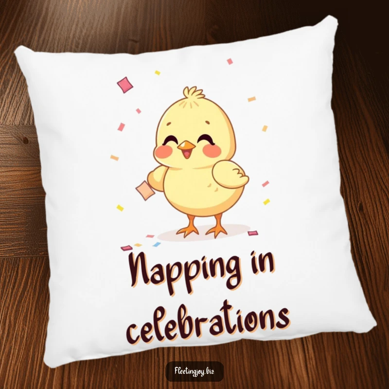 Funny Chick Confetti Pillow showing a cheerful chick pecking at a confetti piece, adding comfort and joy.