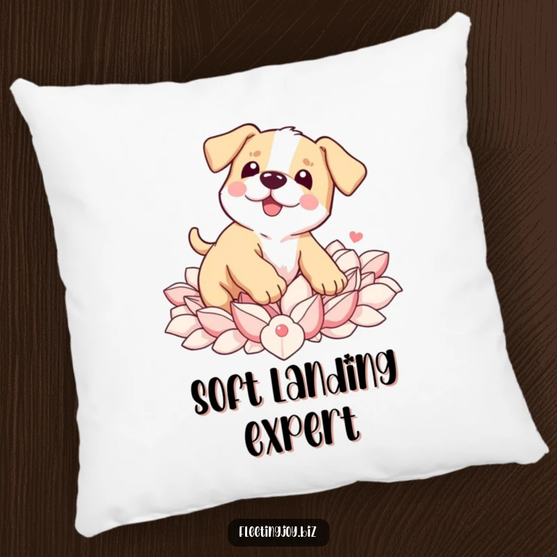 Funny Puppy Petal Pillow showing a wobbly puppy landing in soft petals, adding cozy comfort and sweet humor.