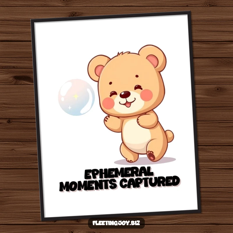 Funny Bear Cub Digital Art Print of a tiny bear cub gleefully chasing a sparkling bubble, capturing playful joy for instant download.
