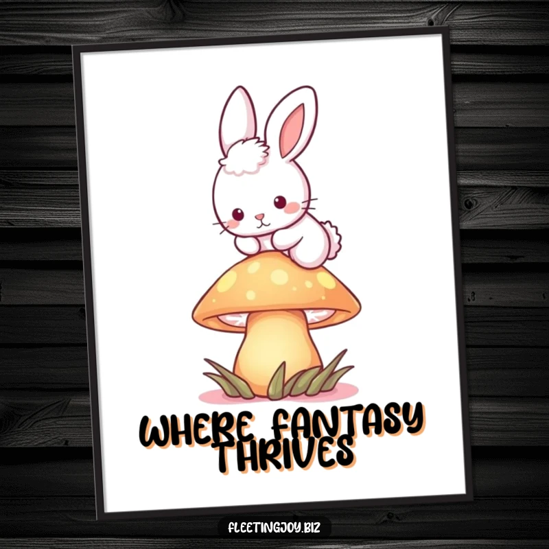 Funny Bunny Mushroom Digital Art Print of a fluffy bunny hopping over a glowing mushroom, perfect for instant enchanted decor.