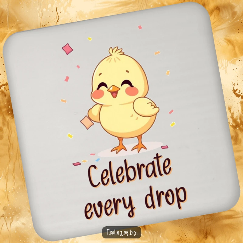 Funny Chick Confetti Coaster art of a cheerful chick pecking at confetti, offering protection with playful party spirit.