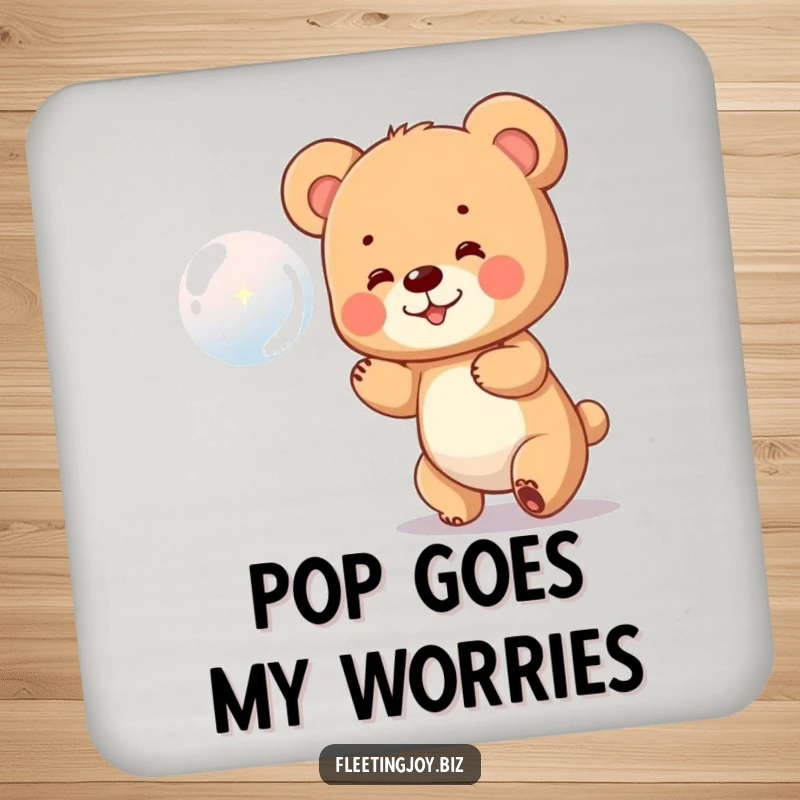 Funny Bear Cub Coaster art of a small bear cub joyfully chasing a bubble, offering protection with playful charm.