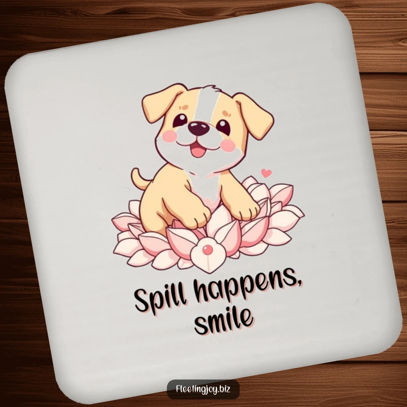 Funny Puppy Petal Coaster art of a wobbly puppy tripping into petals, offering protection with adorable charm.