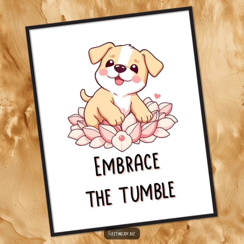 Funny Puppy Petal Pile Poster print of a wobbly puppy tripping but landing softly in petals, bringing sweet charm indoors.