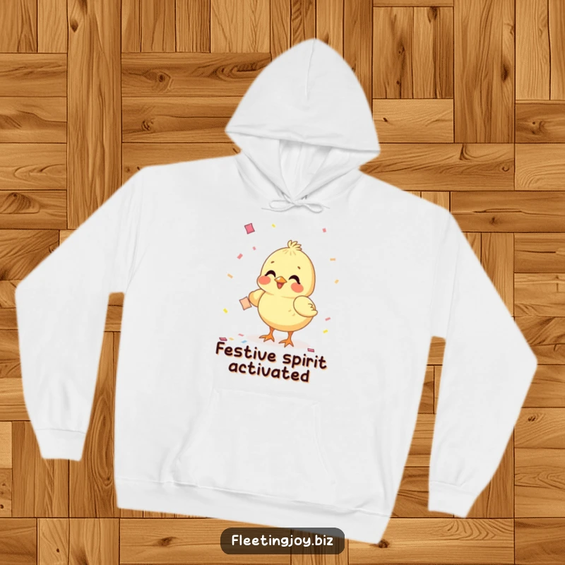 Funny Chick Confetti Hoodie showing a happy chick pecking at confetti, perfect for cozying up during celebrations.