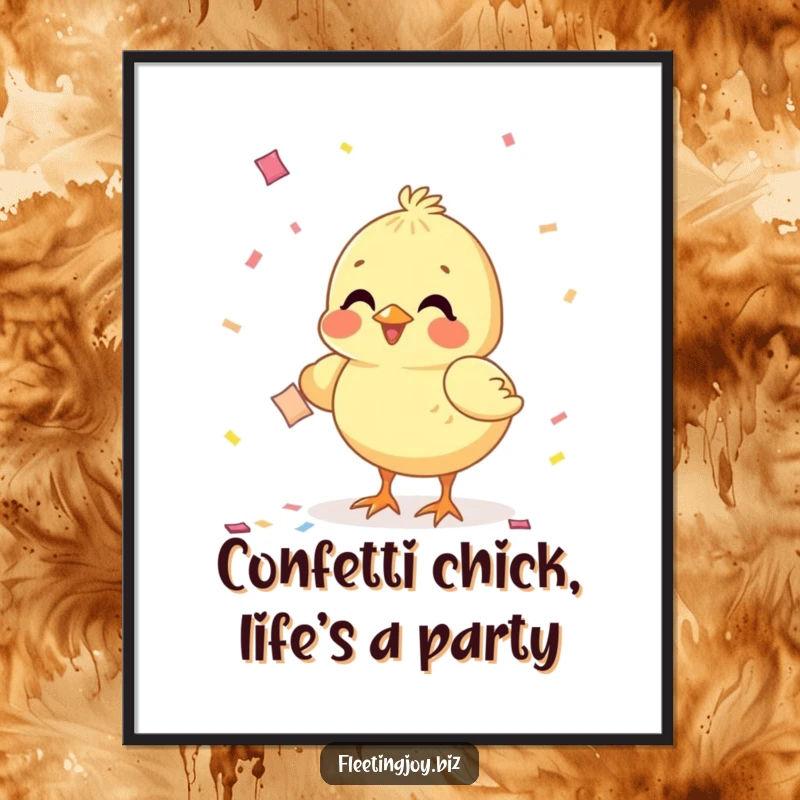 Funny Free Printable Wall Art: A small, cheerful chick pecking at a falling piece of confetti, adding a playful vibe.