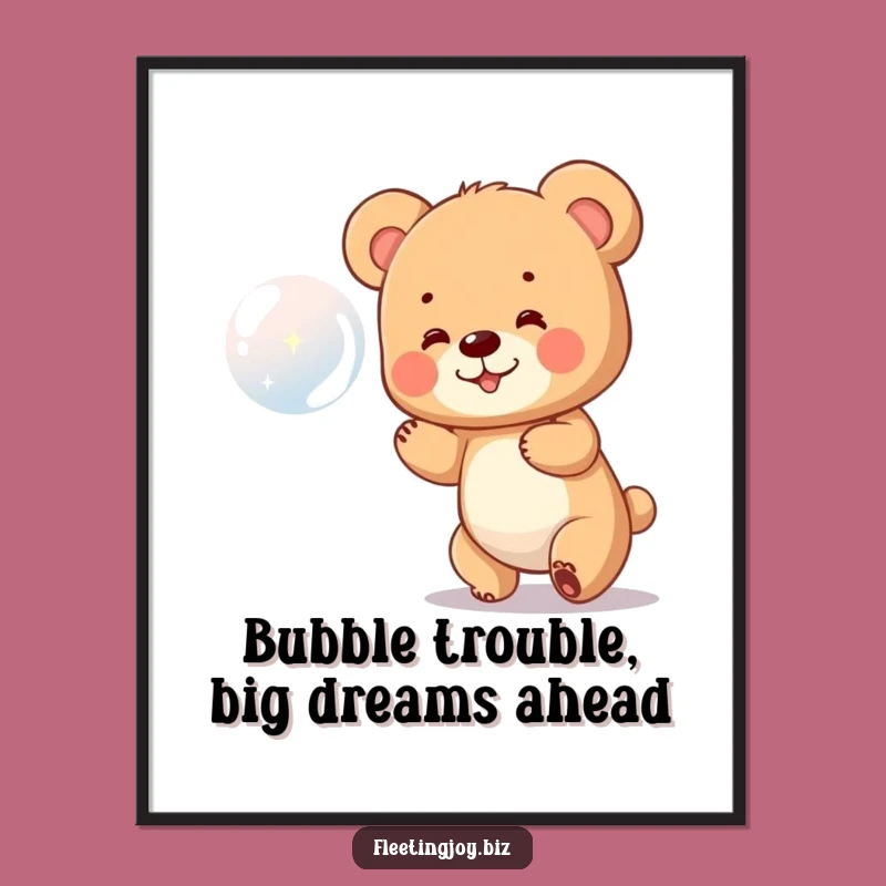 Funny Free Printable Wall Art: Bear Cub Chasing Bubble Joyful Art