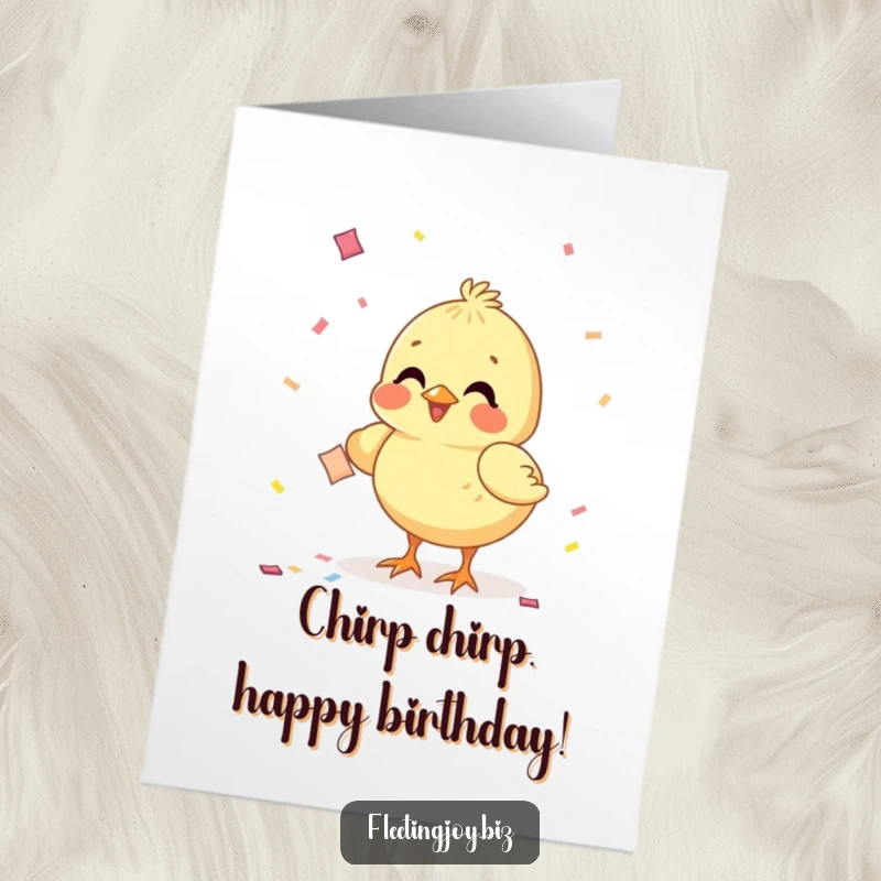 Funny Free Printable Birthday Card: A cheerful chick enthusiastically pecking at a falling piece of confetti, capturing birthday excitement.