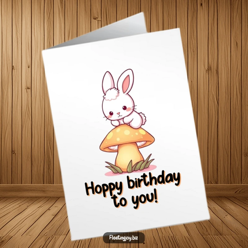 Funny Free Printable Birthday Card: A fluffy bunny joyfully leaping over a bioluminescent mushroom, perfect for a whimsical birthday wish.