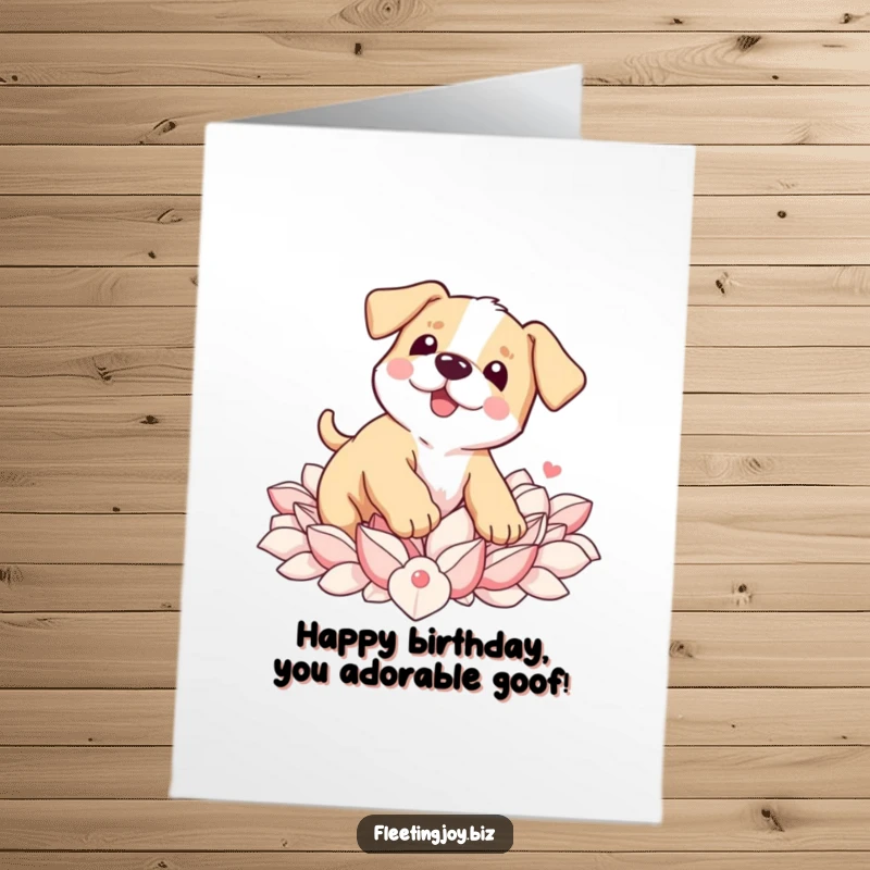 Funny Free Printable Birthday Card: A clumsy puppy tripping but landing softly in a pile of colorful petals, full of joy.