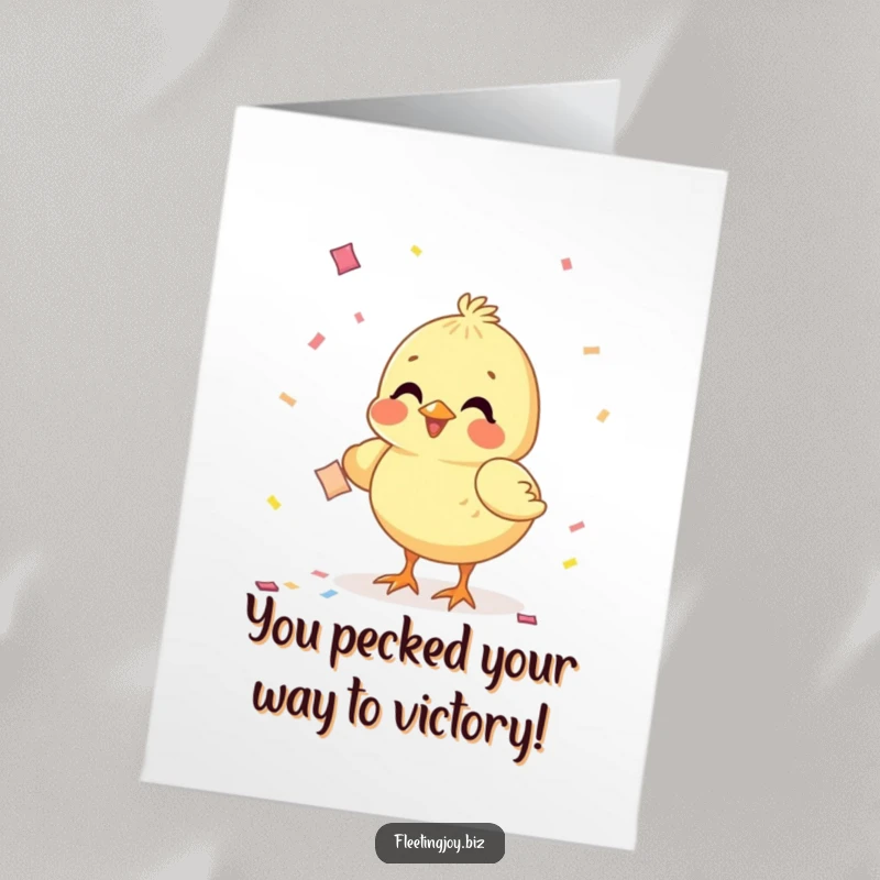 Funny Free Printable Congrats Card: An excited chick pecking confetti, signifying pure joy and celebration for a big win.