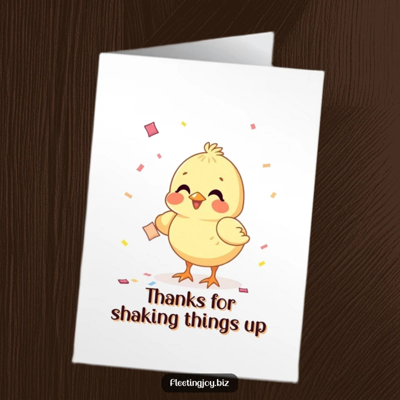 Funny Free Printable Thank You Card: A cute chick happily pecking confetti, a delightful way to send thanks and smiles.