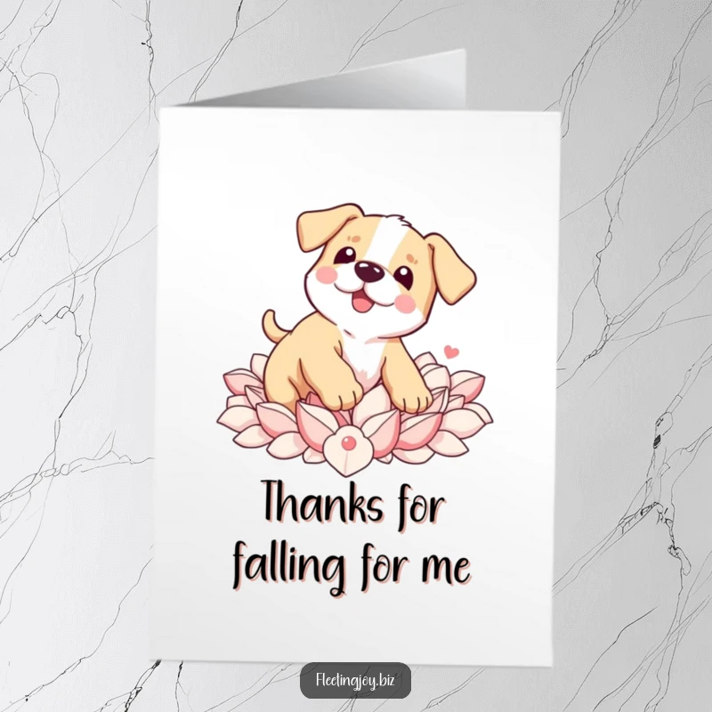 Funny Free Printable Thank You Card: A clumsy puppy landing in soft petals, conveying heartfelt thanks with adorable charm.