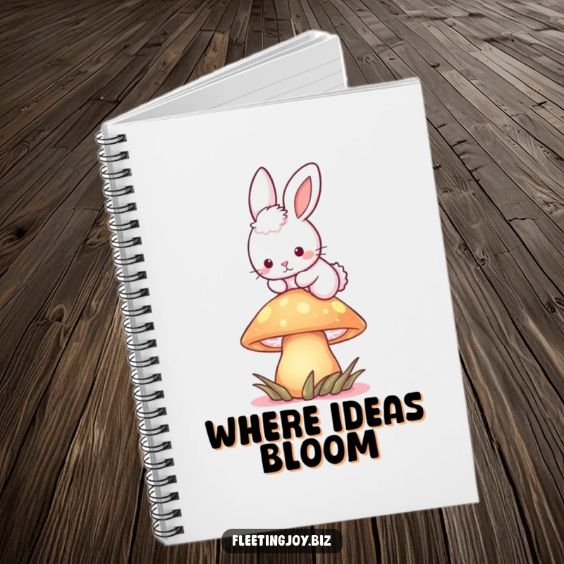 Funny Bunny Mushroom Notebook showing a fluffy bunny hopping over a glowing mushroom, perfect for journaling magical thoughts.