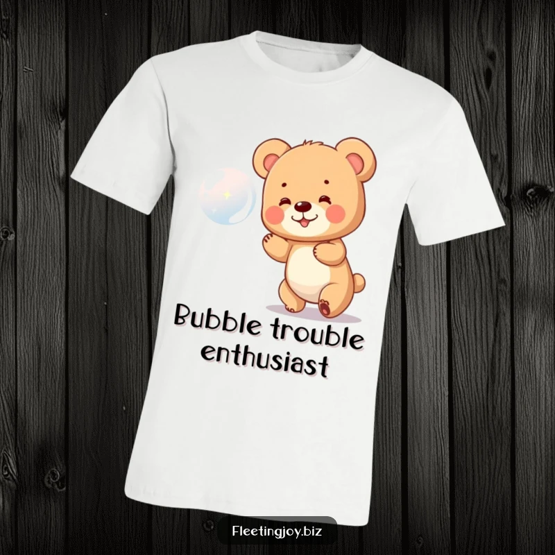 Funny Bear Cub T-Shirt showing a small bear cub gleefully pursuing a sparkling bubble, embodying pure, unadulterated fun.