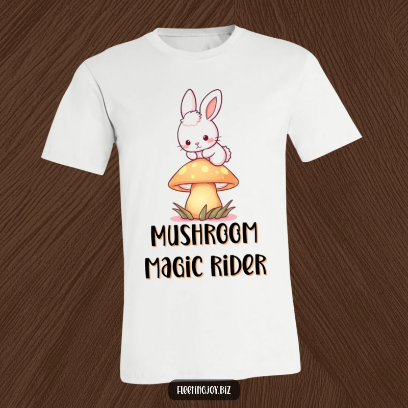 Funny Bunny Mushroom Tee showing a fluffy bunny joyfully hopping over a bioluminescent mushroom, capturing woodland enchantment.