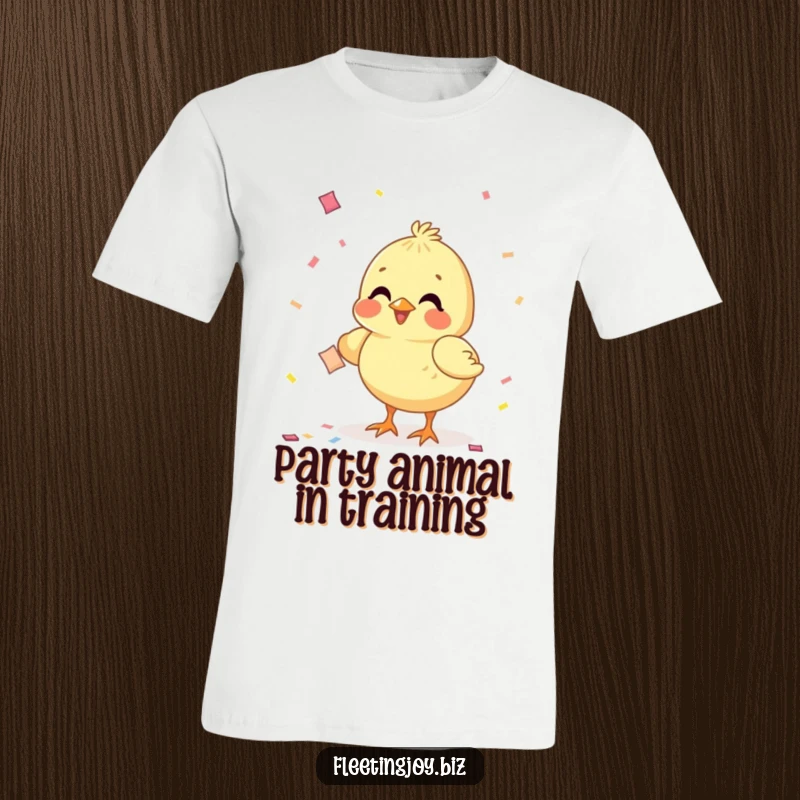 Funny Chick Confetti T-Shirt featuring a joyful chick pecking at a floating confetti piece, celebrating happy moments.