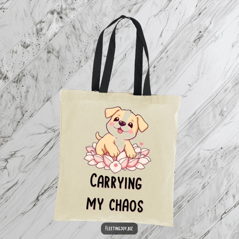 Funny Puppy Petal Tote Bag depicting a wobbly puppy tripping into a pile of soft petals, perfect for carrying everyday joy.