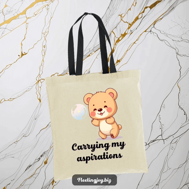 Funny Bear Cub Tote Bag depicting a small bear cub enthusiastically chasing a floating bubble, ideal for carrying joy.