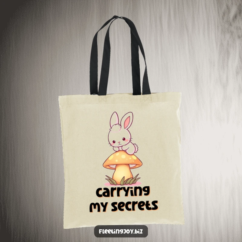 Funny Bunny Mushroom Tote Bag depicting a fluffy bunny hopping over a glowing mushroom, perfect for carrying magical supplies.